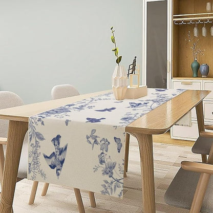 Monochrome Sketch Flowers Bird Table Runner, Seasonal Spring Fall Plants Blue Florals Dinner Runner for Home Kitchen Dining Table Party Holiday Decoration 13"x120"