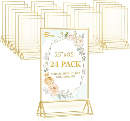 EHWINE 24 Pack Acrylic Sign Holder 5.5 x 8.5, Double Sided Gold Picture Frame Stand up Table Top Sign Holders, Clear Display Stand Menu Flyer Holder for Wedding Party