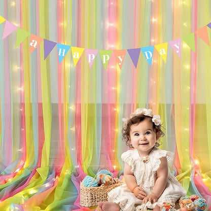Rainbow Tulle Backdrop Curtain with Lights String 10x8ft Rainbow Sheer Backdrop Curtains for Girls Birthday Party Baby Shower Photo Shoot Background Decorations