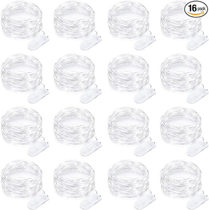16 Pack Led Fairy Lights Battery Operated String Lights 10 Feet 30 LED Waterproof Twinkle Lights Mason Jar Lights Silver Wire Firefly Lights for Christmas Party Wedding Patio White