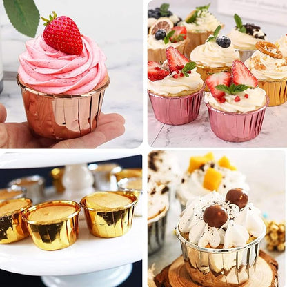 Gold Cupcake Liners with Lids 100Pack,Free-Air 3.5Oz Mini Muffin Liners Cupcake Wrappers,Foil Cupcake Baking Cups,Disposable Ramekins Muffin Tins for Wedding Birthday Party, with Spoons-Gold