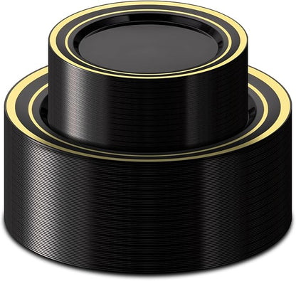 100PCS Black Plastic Plates Set with Gold Rim, 50 10.25 inch Dinner Plates and 50 7.5 inch Dessert Plates, Premium Disposable Plates forfor Party, Wedding, Holiday,And Halloween
