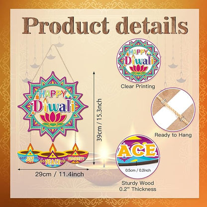 CHDITB Happy Diwali Front Door Sign Wreath(15"x11"), Wooden Lotus Rangoli Diyas Indian Festival of Lights Decoration Wall Hanging, Colorful Deepavali Themed Hanger Decor for Porch Home Office Party