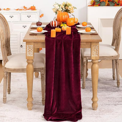 Burgundy Velvet Table Runner Fall Thanksgiving Red Table Runner 20 x 120 Inch Luxurious Elegant Velvet Fabric Friendsgiving Table Decorations for Christmas Dinner Wedding Bridal Baby Shower
