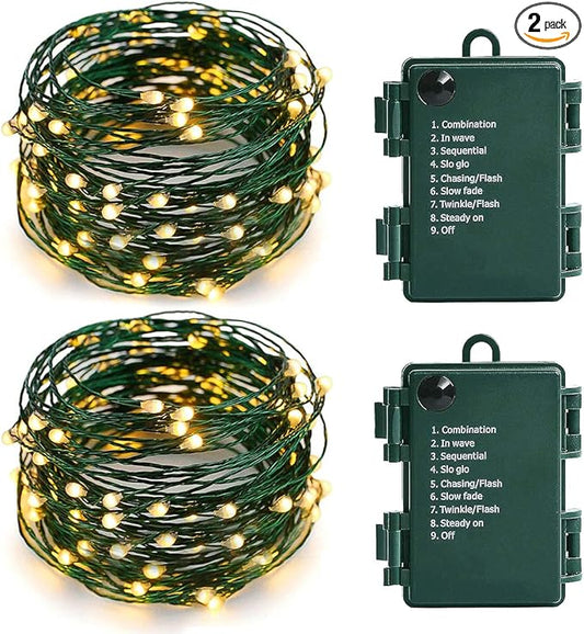Battery Operated Starry Lights - 18FT 50 Micro LEDs, Warm White (2 Pack) for Christmas Tree, Wreath, DIY, Wedding