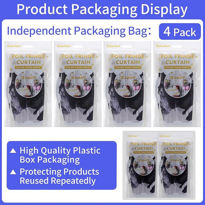 Picoway 4 Pack Foil Fringe Tinsel Backdrop Curtains, Birthday Engagement Bachelorette Party Decorations, Photo Booth Props Door Streamers Curtain (Black)