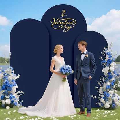 Metal Arch Backdrop Stand and Cover Set 6&6.6&7.2ft Navy Blue Arch Backdrop Covers Gold Wedding Arch Stand Set of 3 Spandex Arched Covers for Bridal Baby Shower Banquet Party Decoration