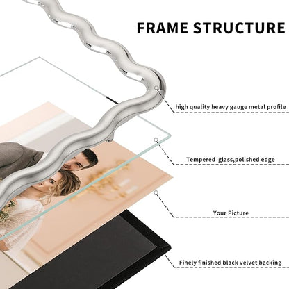 Silver 8x10'' Wave Design Photo Frame with Acid Free Mat for 5x7'',High-End Zinc Alloy Picture Frames with Velvet Back,Fashionable Style Silver frames 7x5''