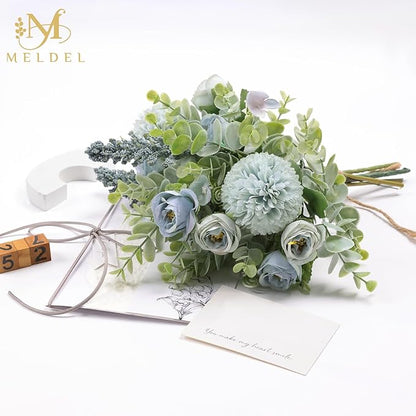 Meldel 3Pcs Rose Bouquet Blue Artificial Flowers Fake Eucalyptus Plants Silk Flower Arrangements Wedding Bouquets Decorations Plastic Floral Table Centerpieces for Home Kitchen Garden Party Decor