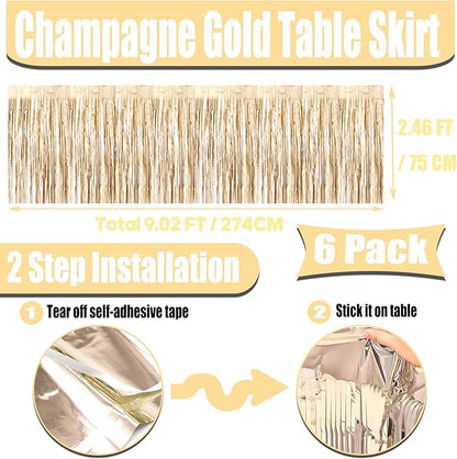 6 Pack 29x108 Inch Metallic Foil Fringe Tinsel Table Skirts Banner for Rectangle Tables Streamer Garland Backdrop for Wedding, Birthday, Parade Floats, Halloween Party Decoration(New Champagne Gold)