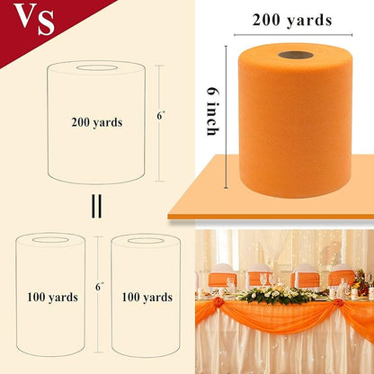 Orange Tulle Fabric Rolls 6 Inch by 200 Yards (600 feet) Fabric Spool Tulle Ribbon for DIY Orange Tutu Bow Baby Shower Birthday Party Wedding Decorations Craft Supplies