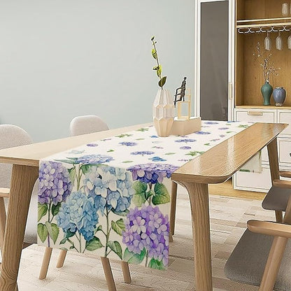 Spring Hydrangea Flower Table Runner, Seasonal Summer Plants Watercolor Florals Butterfly Dinner Runner for Home Kitchen Dining Table Party Holiday Decoration 13"x60"