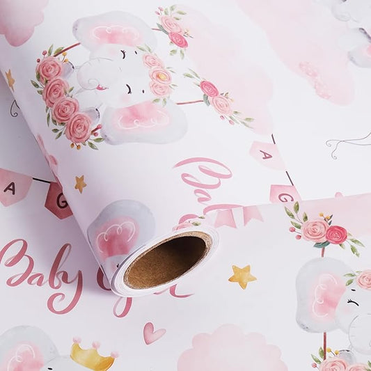 Aimyoo Pink Baby Shower Wrapping Paper Roll - 17 Inch X 16.5 Feet - Cute Elephant with Baby Girl Letter Design Perfect for Girls, Birthday, Party