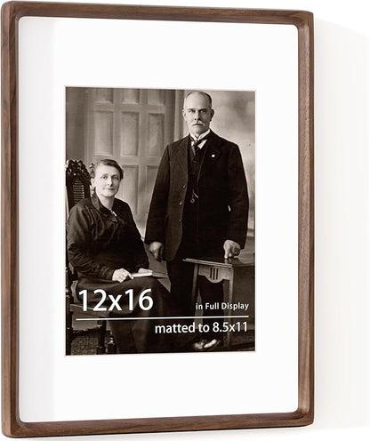 12x16 Frame USA-Sourced Natural Walnut Wood Solid Wood Photo Frame Handcrafted Rounded Corner with Mat to 8.5x11 Picture Frame Display with Real Glass Family Picture, Wedding Photo, Certificate