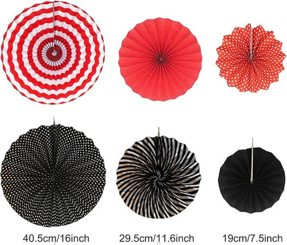 Hanging Paper Fan Set, Tissue Paper Pom Poms Flower Fan and Honeycomb Balls for Birthday Baby Shower Wedding Festival Decorations - Red Black and White