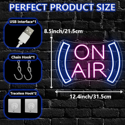 On Air Neon Sign for Wall Decor,Recording in Progress Sign for Studio Bedroom Game Room Podcast Bar Pub Club Broadcasting Room,On Air Light Sign Gift for Streamers Gamers Teens USB Powered（8.5"*12.4"）