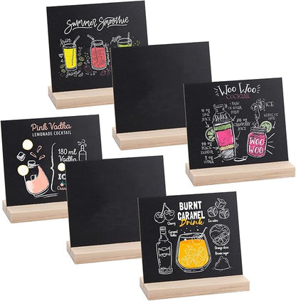 Double-Sided Small Chalkboard Signs (6 x 5 Inch) - Set of 6 with Stand & 7 Liquid Chalk Markers | Vintage Decorative Mini Tabletop Message Boards for Home & Events