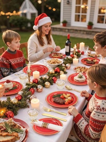 175 Pieces Christmas Plastic Plates - Red Plastic Plates with Gold Rim Include 25 Dinner Plate 10”, 25 Dessert Plate 7”, 25 gold Cups 9 OZ, 25 Pre Rolled Napkins for Christmas/Party