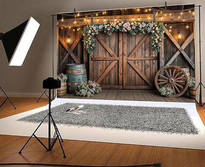 10x8ft Country Wedding Photography Backdrop Rustic Barn Door Photography Backdrop Farmhouse Pink Flower Cabin Wooden Birthday Baby Shower Wedding Bridal Party Banner Photo Booth Props Background