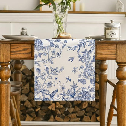 Artoid Mode Monochrome Sketch Birds and Flowers Spring Table Runner, Seasonal Summer Fall Kitchen Dining Table Decoration for Home Party Decor 13x60 Inch