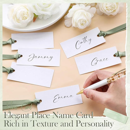 50 Pcs Name Place Cards for Table Setting Blank Wedding Place Cards with Satin Ribbon 1.57 x 3.54 Inch Hanging Gift Tags for Wedding Dinner Banquet Party Table Setting Supplies(Sage Green)