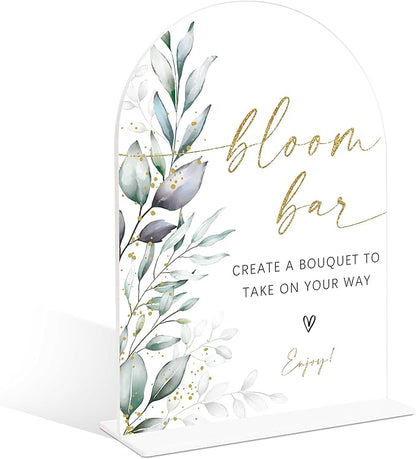 Acrylic Wedding Signs, Greenery Theme Bloom Bar Sign, Wedding Reception Signage, Bridal Shower Table Decor with Stand, Bloom Bar Supplies for Engagement, Anniversary, Newlywed Events and Parties, 01