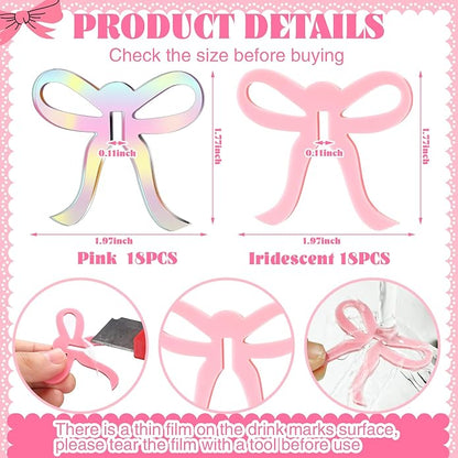 36 Pcs Bow Drink Markers Acrylic Drink Tags Bowknot Wine Glass Charms for Bachelorette Coquette Birthday Cocktail Wedding Decoration Bridal Shower Party Favors