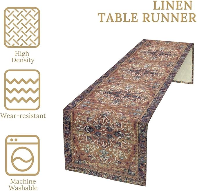 Boho Floral Vintage Table Runner, Purple Brown Retro Flower Rustic Country Farmhouse Abstract Pattern for Home Kitchen Table Decor Dining Coffee Room Party Decor 13x120in