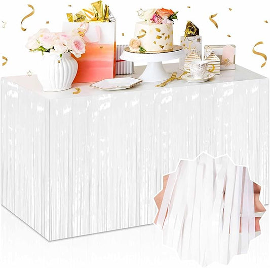 3 Pack 29 x108 Inch Macaron White Foil Fringe Table Skirts Metallic Banner for Tinsel Streamer Garland Backdrop for Parade Floats Mother's Day, Graduate, Birthday, Wedding Party Decoration