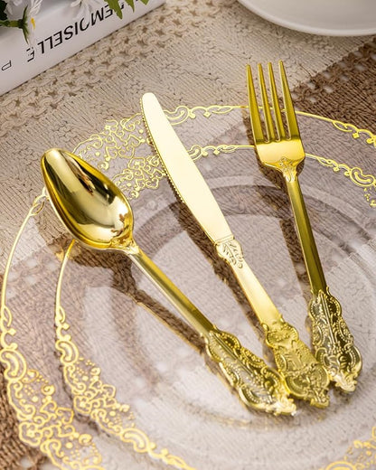 Goodluck 350 Piece Clear Gold Plastic Dinnerware Set for 50 Guests, Fancy Disposable Plates, Include: 100 Gold Rim Plastic Plates, 150 Silverwares, 50 Pre Rolled Napkins, 50 Cups for Party, Wedding