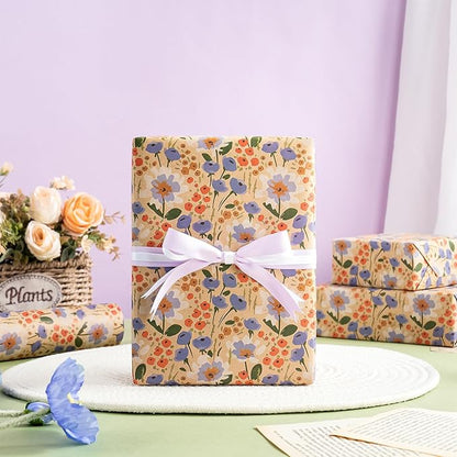 WRAPAHOLIC Kraft Floral Wrapping Paper Roll - Mini Roll - 17 Inch x 9.8 Feet - Watercolor Flower Wrapping Paper, Perfect for Wedding, Birthday, Bridal Shower, Tea Party