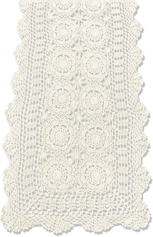 KEPSWET Cotton Handmade Crochet Lace Table Runner Beige Rectangle Coffee Table Dresser Decor (14x84 inch)