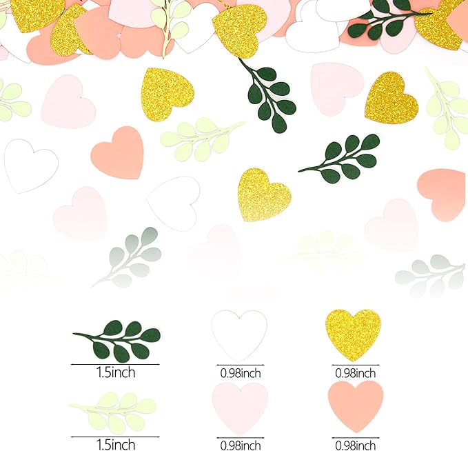 200PC Heart Wedding Confetti Greenery Eucalyptus Table Scatters for Pink and Sage Green Bridal Shower/Birthday/Baby Shower/Bachelorette Party Decoartions
