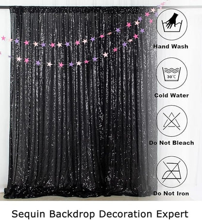 ShinyBeauty 2Pcs 5FTx10FT Black Sequin Backdrop Curtain | Glitter Wedding & Photography Background | Elegant Shimmer Curtains for Events & Parties