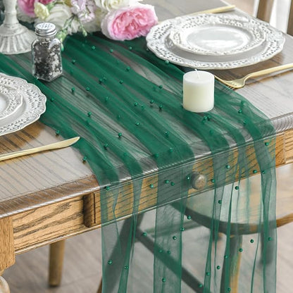 Artoid Mode Pearl Dark Green Gauze Table Runner 120 Inch 10FT, Seasonal Sheer Dining Holiday Wedding Birthday Baby Shower Table Decor for Home Party