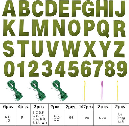 TaoBary 112 Pcs DIY Letter Kit Glitter Customizable Banner Letters Include 107 Letters and Numbers 3 Rope and 2 Needles for Birthday Halloween Christmas Wedding Valentine Party Decor(Bright Green)