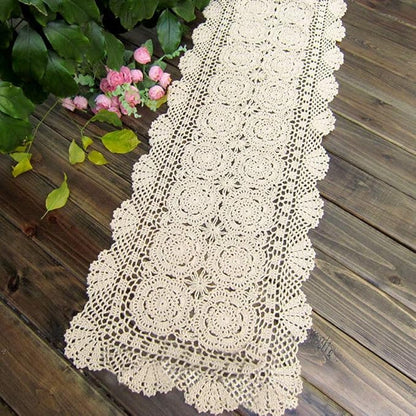 KEPSWET Cotton Handmade Crochet Lace Table Runner Beige Rectangle Coffee Table Dresser Decor (14x84 inch)