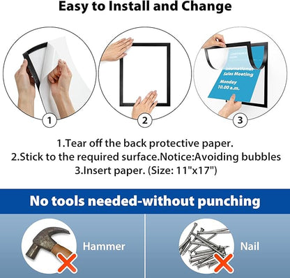 11"x 17" Self Adhesive Magnetic Sign Holder, Double Sided Window Magnetic Display Frame with Clear PVC and Strong Magnetic for Office/Home/Store/Door/Glass/Wall Display Frame(Black,10Pack)
