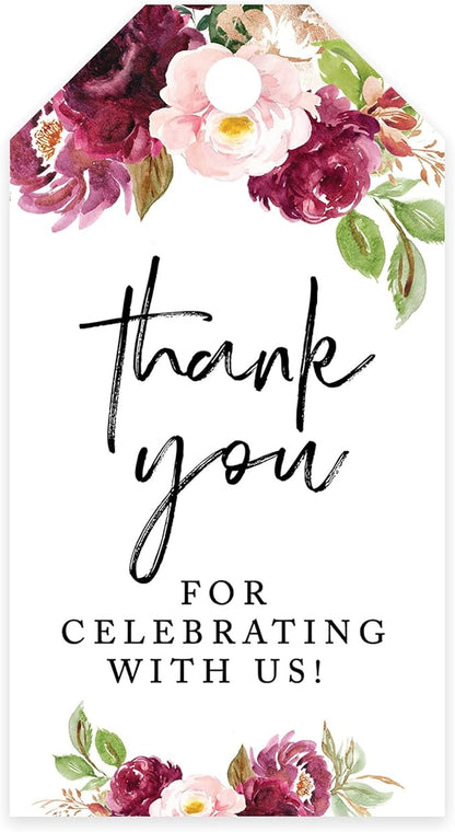 Andaz Press 100-Pack Thank You for Celebrating with Us Favor Tags Fall Burgundy Marsala Cardstock Gift Tags with Bakers Twine for Wedding Baby Shower Bridal Shower Party Favors 2 x 3.75-Inches