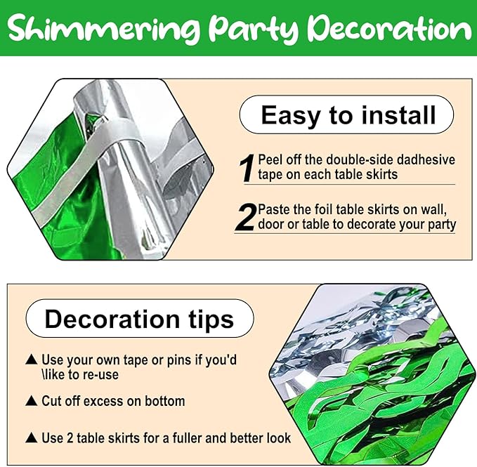 6 Pack 29 x108 Inch Silver Greenange Wave Foil Fringe Table Skirts Metallic Banner for Tinsel Streamer Garland Backdrop for Parade Floats, Mother's Day, Easter, Wedding, Birthday Party Decoration
