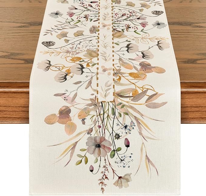 Artoid Mode Wildflower Leaves Floral Fall Table Runner, Autumn Thanksgiving Kitchen Dining Table Decoration for Indoor Outdoor Home Party 13x120 Inch