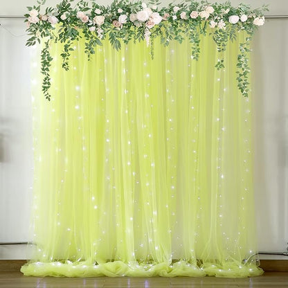 Yellow Sheer Tulle Backdrop Curtains with Lights String for Birthday Party Photoshoot 2 Panels 5×10ft Yellow Backdrop Curtains for Baby Shower Wedding Background Decorations