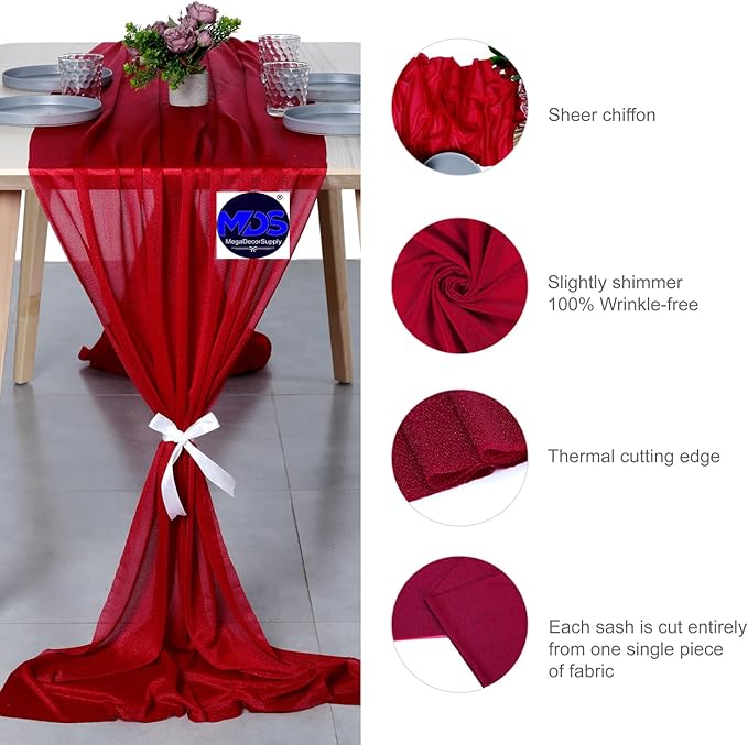 MDS Halloween Chiffon Table Runner - 20 Pack, 29 x 120 Inches, 10ft Each - Sheer Spooky Table Runners for Haunted House Parties, Trick-or-Treat Tables, Witchy Décor, Wedding & Events - Apple red