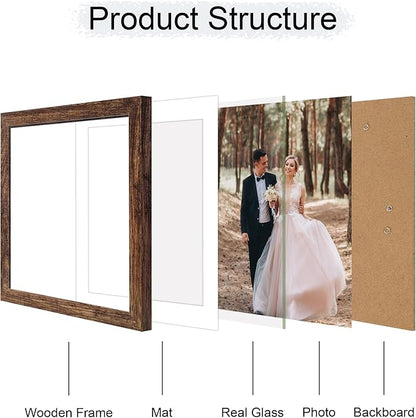 12x12 Picture Frame Set of 4 with Tempered Glass, Rustic Frame Display 10x10 Pictures with Mat or 12 x 12 Without Mat, Wood Square Photo Frames for Desktop Display and Wall Mounting