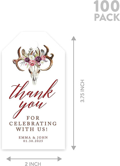 Andaz Press 100-Pack Personalized Thank You for Celebrating with Us Wedding Favor Tags with Bakers Twine Boho Rustic Floral Antlers Custom Cardstock Wedding Gift Tags for Party Favors 2 x 3.75-Inches