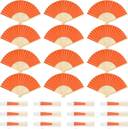 12 Pieces Orange Hand Held Bamboo Folding Fans Paper Fans Handheld for Women Foldable Girls Wedding DIY Decoration Church Home Party Favors Summer