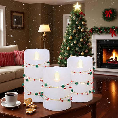 Christmas Flameless Candles with Red Green Beads String Lights - Real Wax Christmas Decor Battery Operated Candles with Remote & Timer- Home Party Bedroom Holiday Xmas Decorations - Set of 3