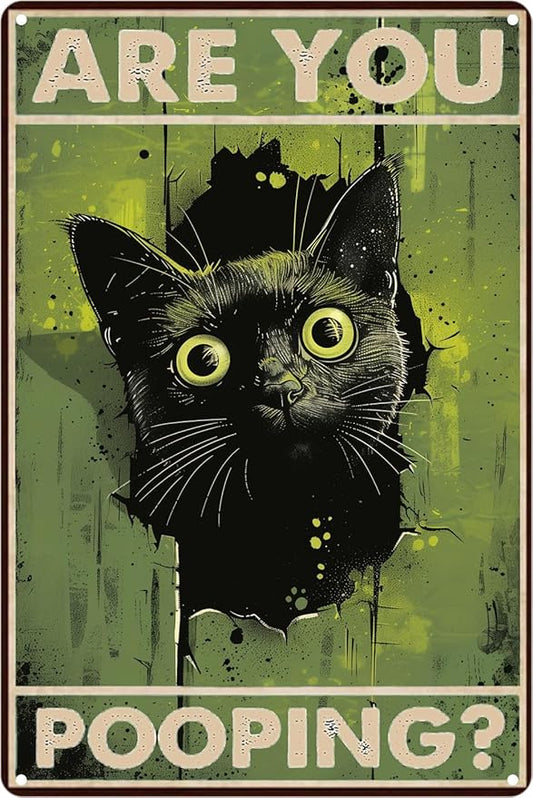 Funny Black Cat "Are You Pooping?" Tin Sign - Humorous Bathroom Wall Décor, 8x12 Inches, Vintage Metal Sign for Indoor & Outdoor Use, Cat Wall Art