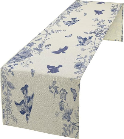 Monochrome Sketch Flowers Bird Table Runner, Seasonal Spring Fall Plants Blue Florals Dinner Runner for Home Kitchen Dining Table Party Holiday Decoration 13"x120"