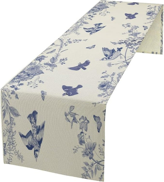 Monochrome Sketch Flowers Bird Table Runner, Seasonal Spring Fall Plants Blue Florals Dinner Runner for Home Kitchen Dining Table Party Holiday Decoration 13"x120"